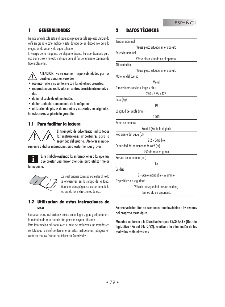 1 generalidades, 2datos técnicos | Gaggia Titanium User Manual | Page 79 / 132