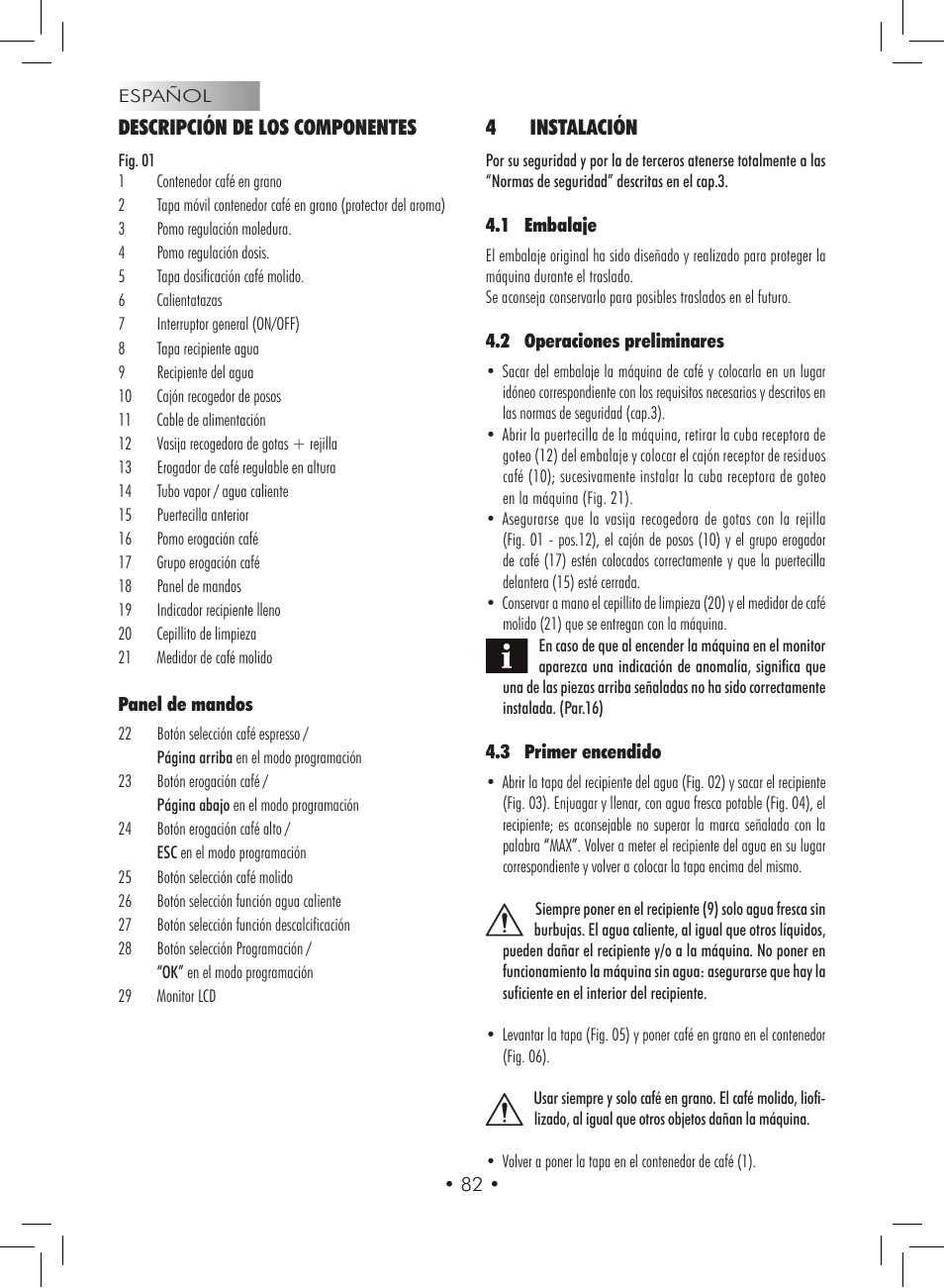 Descripción de los componentes, 4instalación | Gaggia Titanium User Manual | Page 82 / 132