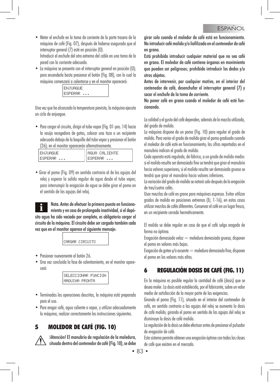 5moledor de café (fig. 10), 6regulación dosis de café (fig. 11) | Gaggia Titanium User Manual | Page 83 / 132