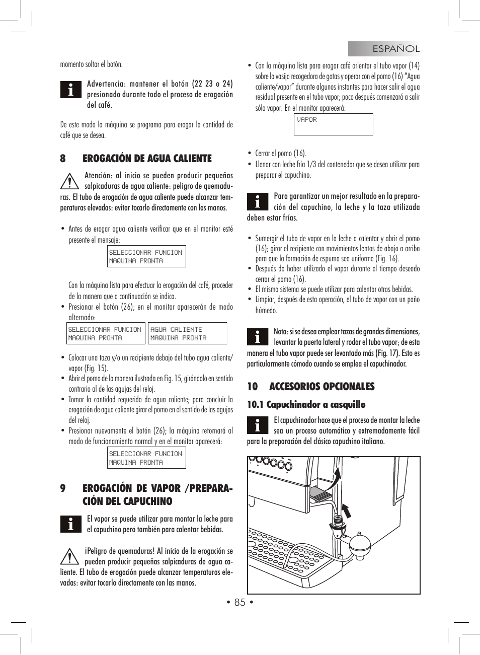 8erogación de agua caliente, 9erogación de vapor /prepara- ción del capuchino, 10 accesorios opcionales | Gaggia Titanium User Manual | Page 85 / 132