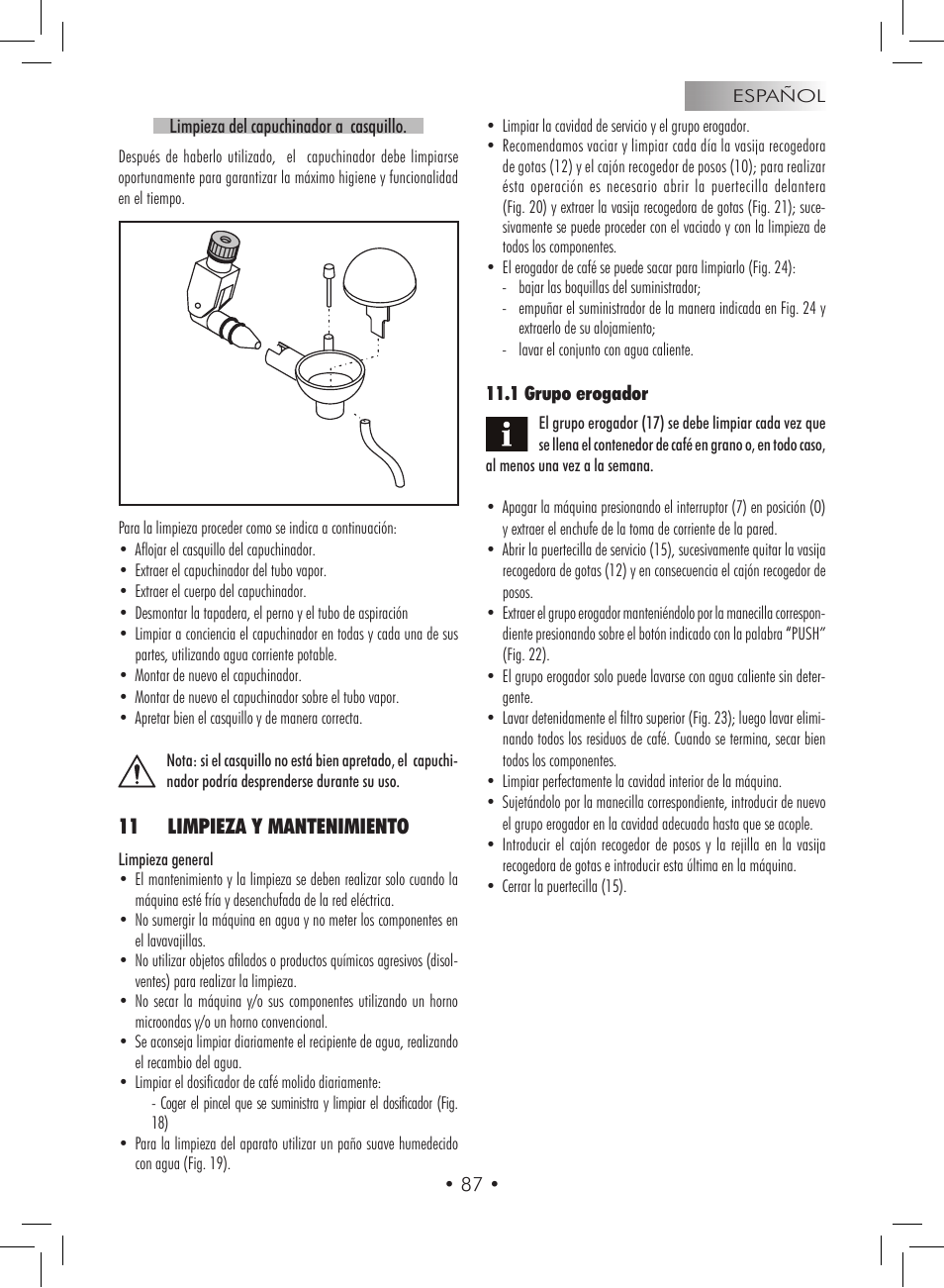 11 limpieza y mantenimiento | Gaggia Titanium User Manual | Page 87 / 132