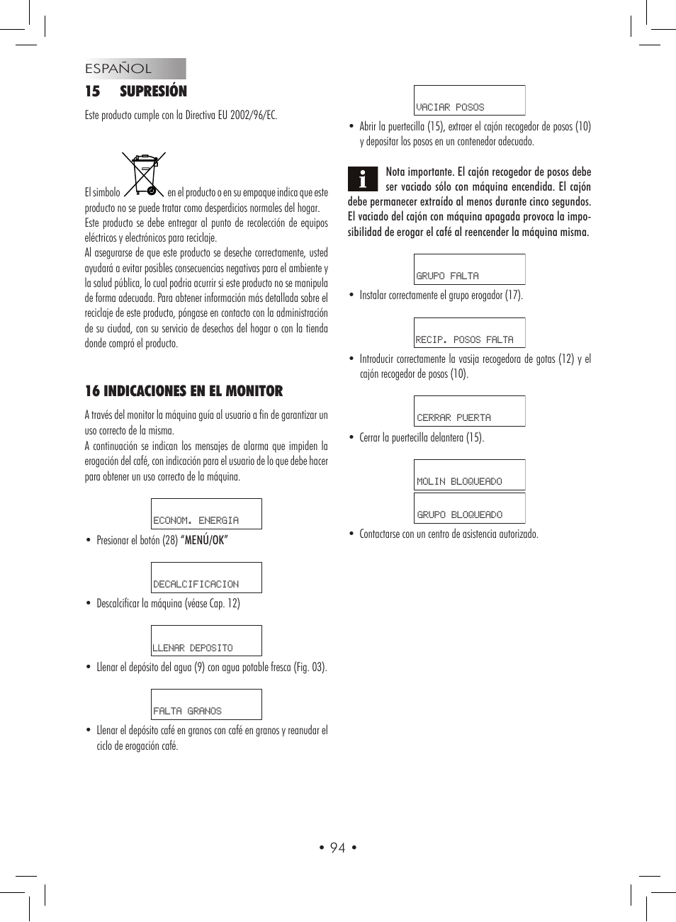 15 supresión, 16 indicaciones en el monitor | Gaggia Titanium User Manual | Page 94 / 132