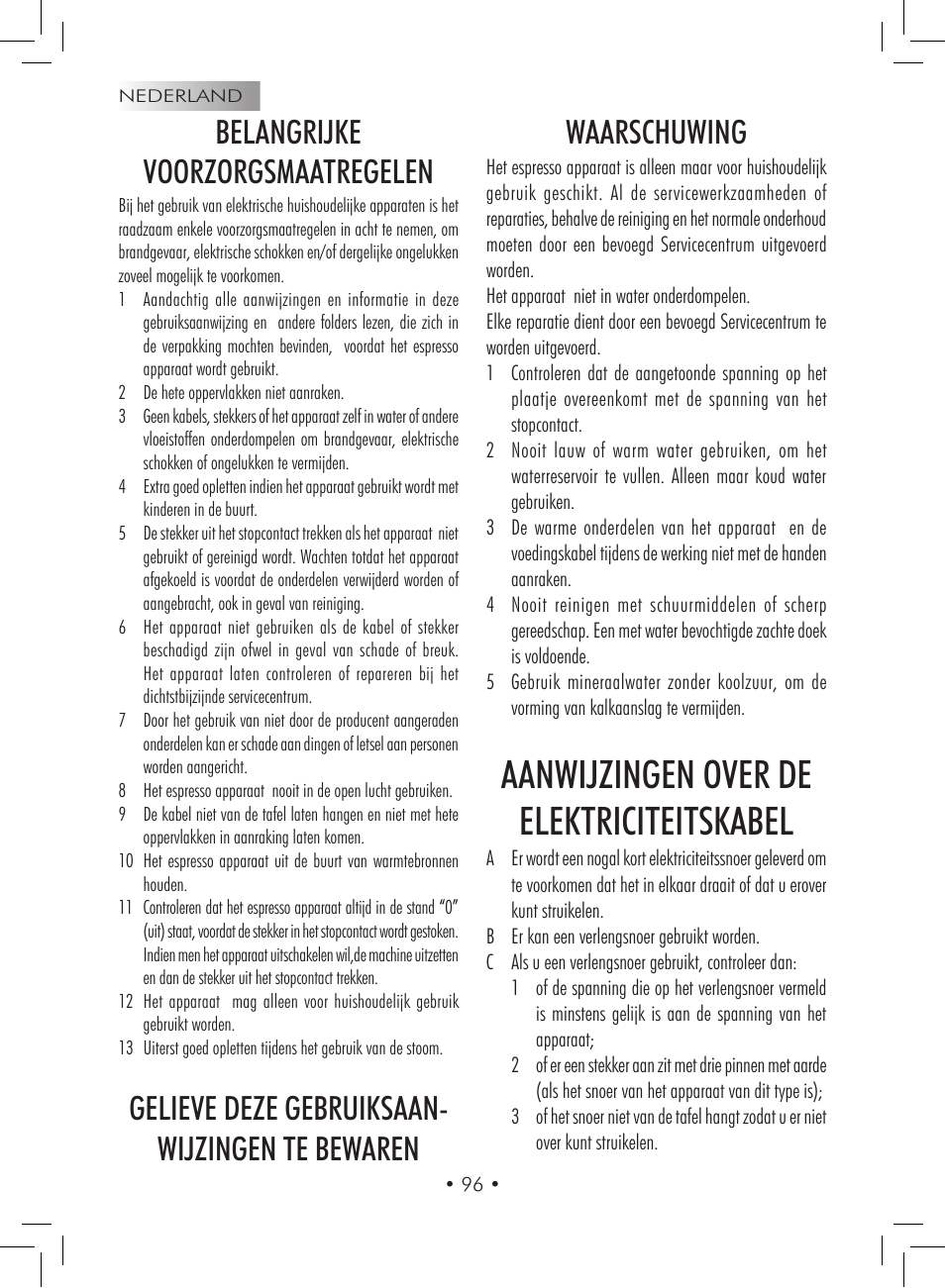 Aanwijzingen over de elektriciteitskabel, Belangrijke voorzorgsmaatregelen | Gaggia Titanium User Manual | Page 96 / 132