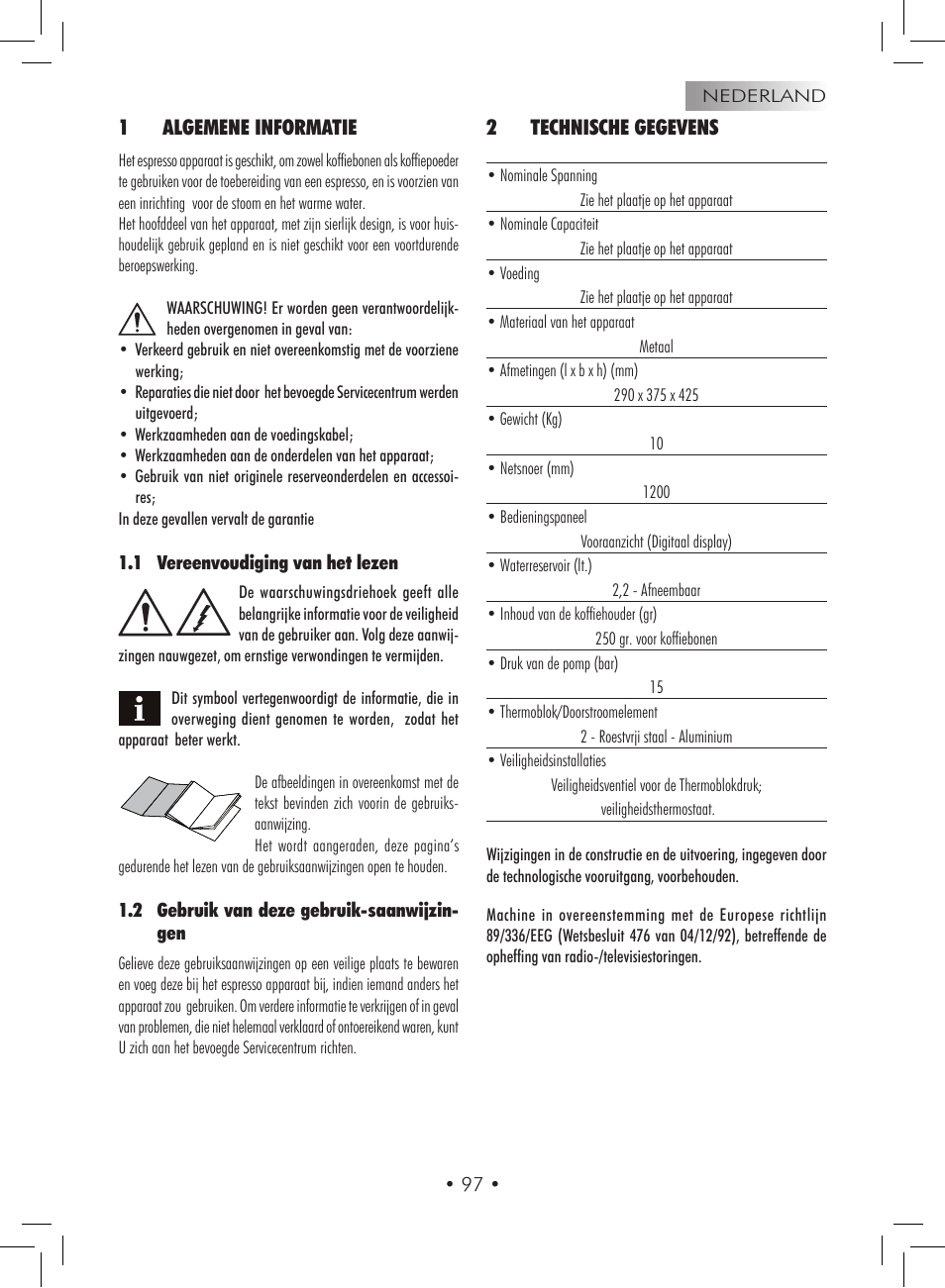 1algemene informatie, 2technische gegevens | Gaggia Titanium User Manual | Page 97 / 132