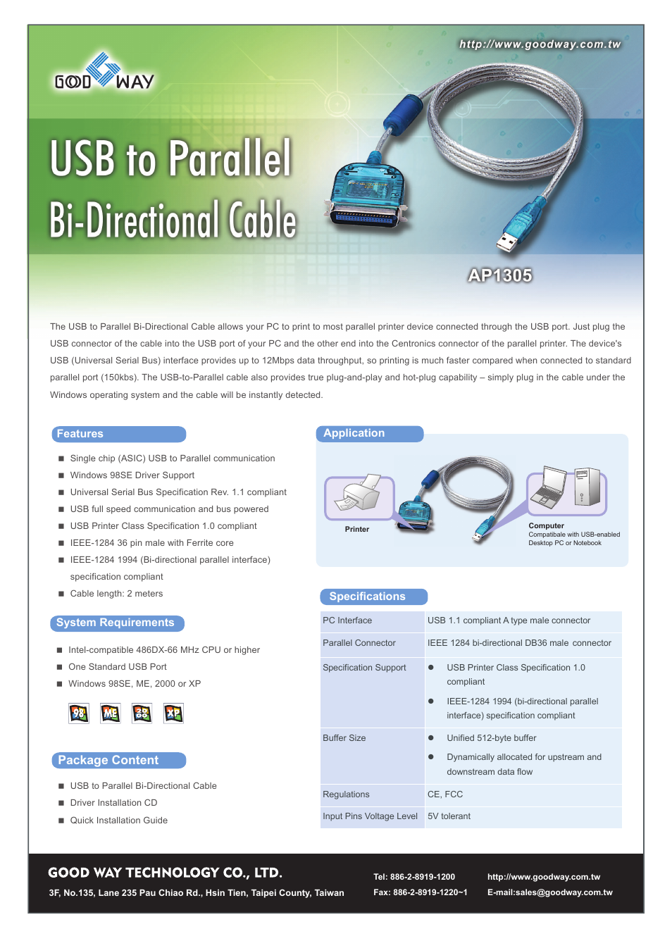 Good Way Tech USB to Parallel Bi-Directional Cable AP1305 User Manual | 1 page