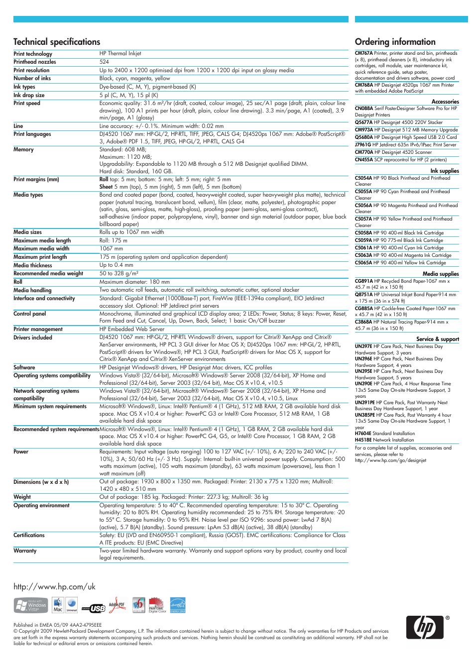 Ordering information technical specifications | GHP Group DESIGNJET 4520 User Manual | Page 2 / 2