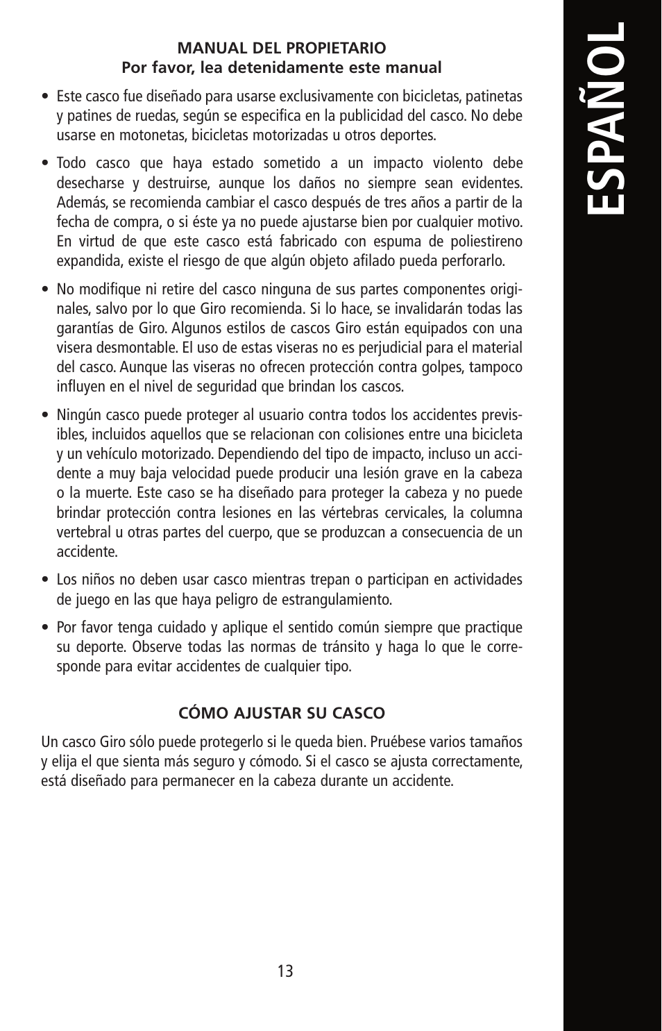 Esp añol | Giro Helmet User Manual | Page 13 / 70