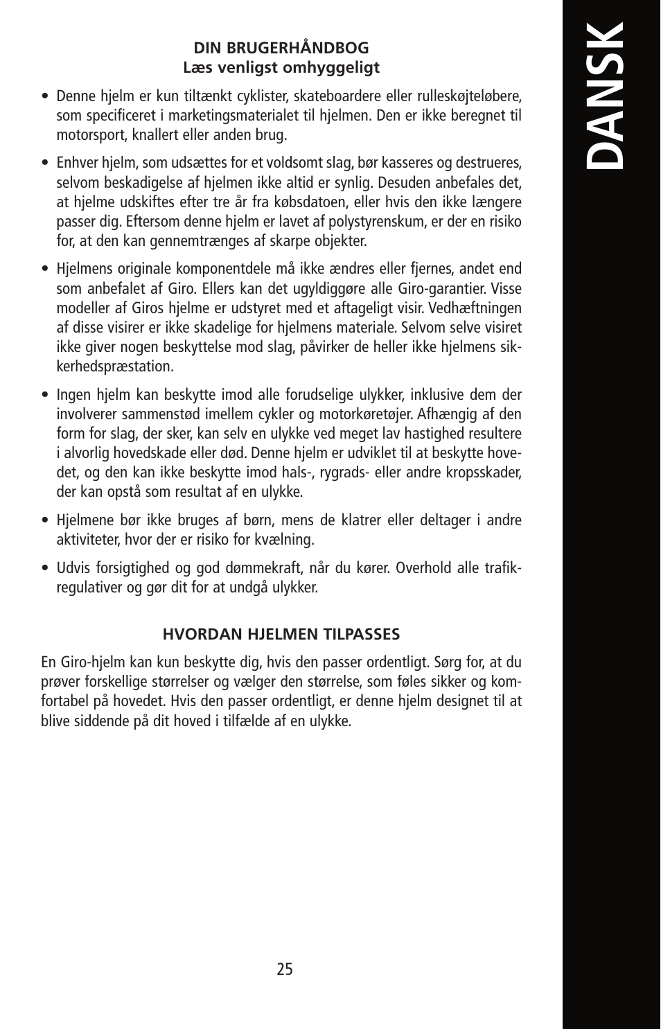 Dansk | Giro Helmet User Manual | Page 25 / 70
