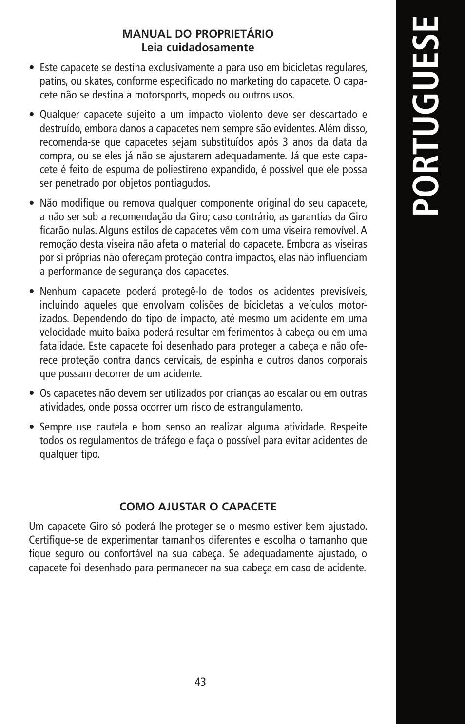 Por tu guese | Giro Helmet User Manual | Page 43 / 70