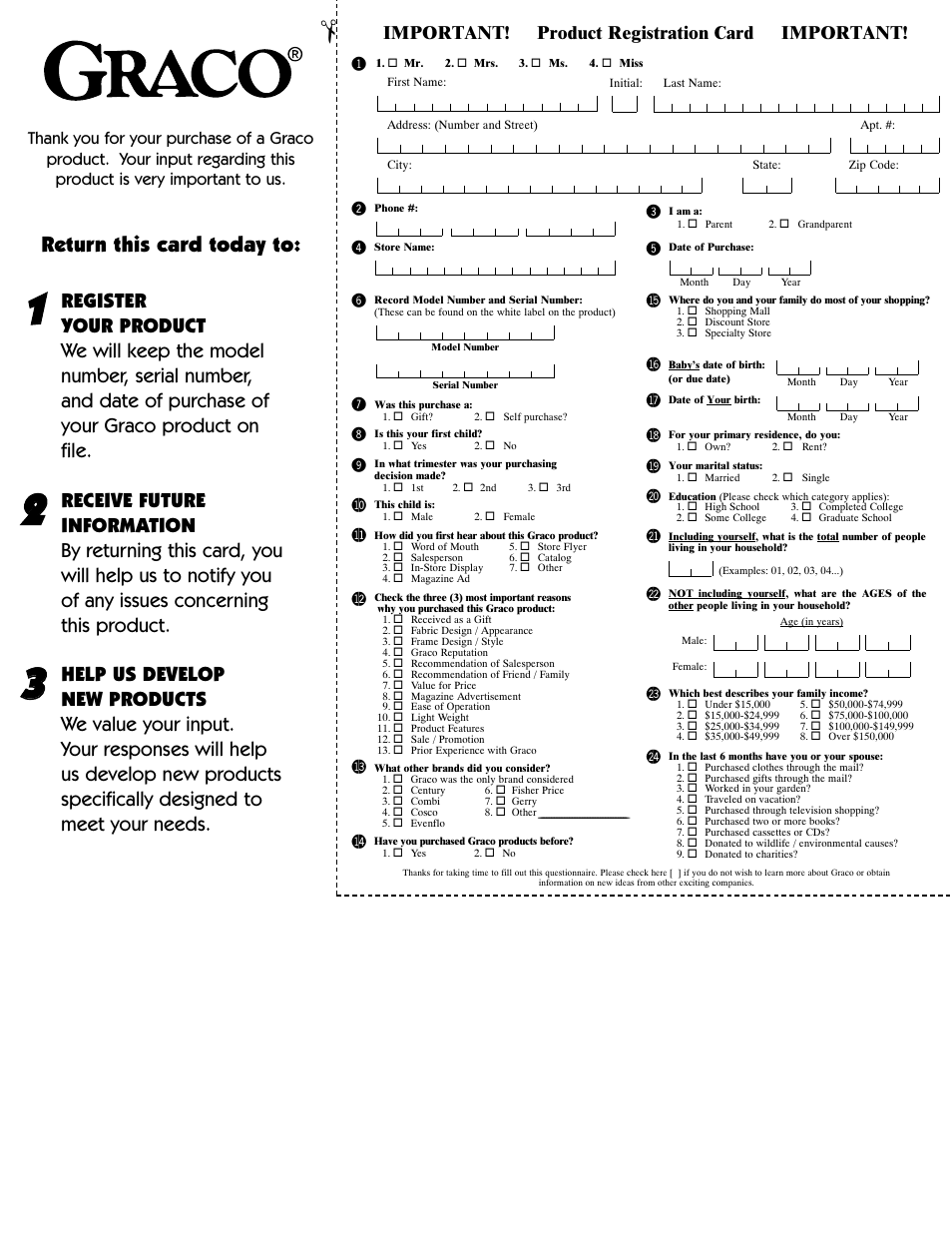 Bm bl bn bt bu bs br bq bo bp cl cm cn co cp, Return this card today to, Important! product registration card important | Graco Highchair User Manual | Page 4 / 16