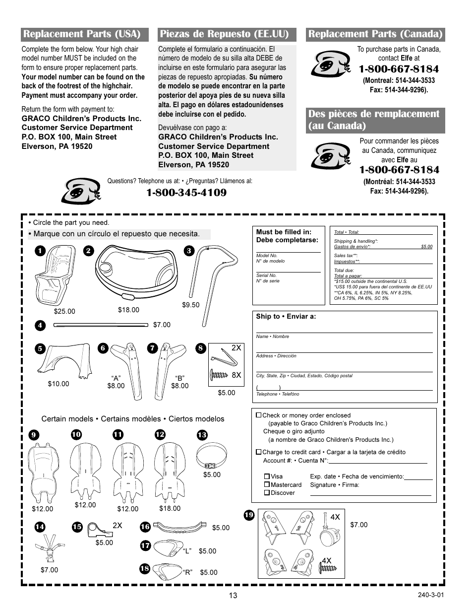Replacement parts (usa) piezas de repuesto (ee.uu), Replacement parts (canada), Des pièces de remplacement (au canada) | Graco Highchair User Manual | Page 8 / 16