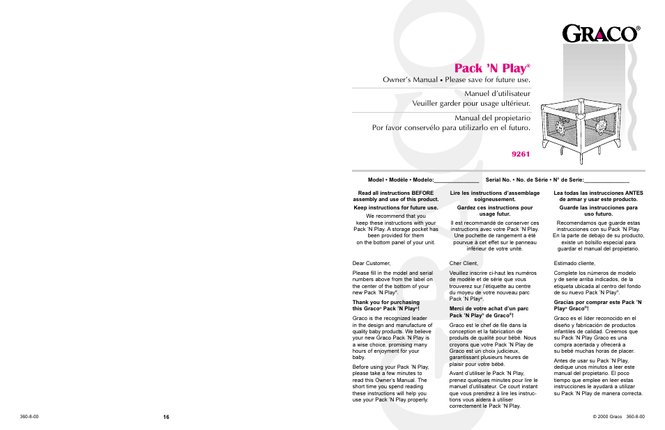 Graco Pack 'n Play 9261 User Manual | 15 pages