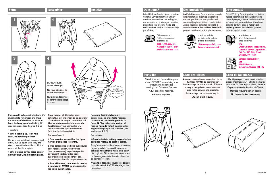 Parts list liste des pièces lista de las piezas, Setup assembler instalar, Questions? des questions? ¿preguntas | Graco Pack 'n Play 9261 User Manual | Page 12 / 15