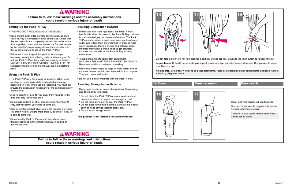 Warning | Graco Pack 'n Play 9261 User Manual | Page 2 / 15