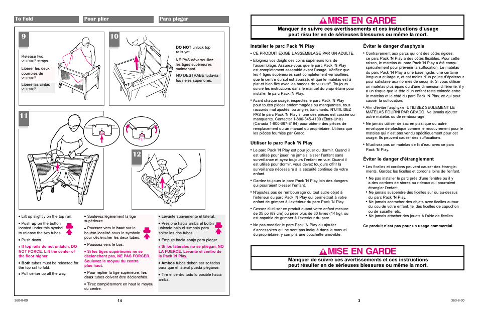 Mise en garde | Graco Pack 'n Play 9261 User Manual | Page 3 / 15
