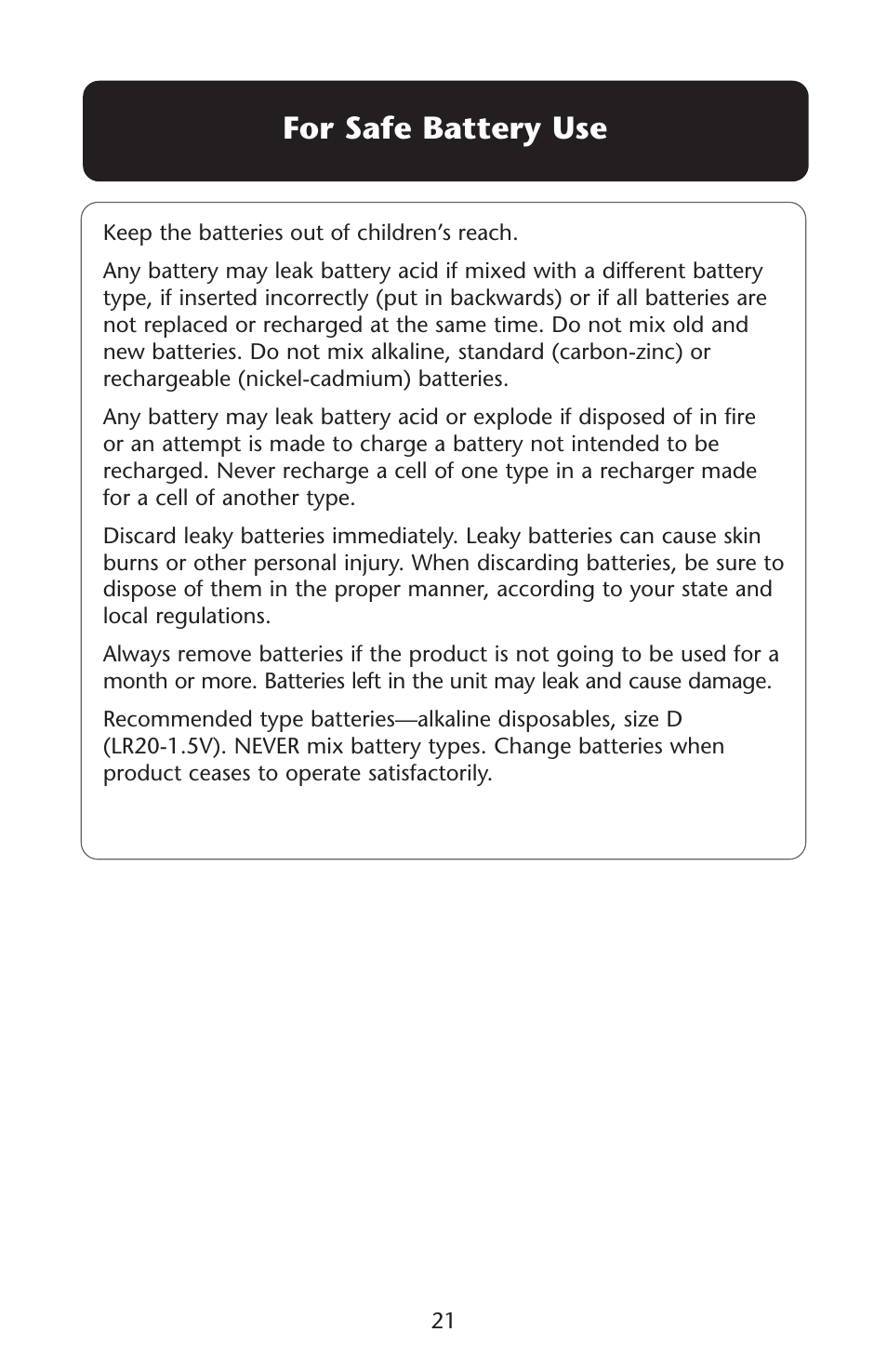 For safe battery use | Graco Lovin' Hug PD105033A User Manual | Page 21 / 44