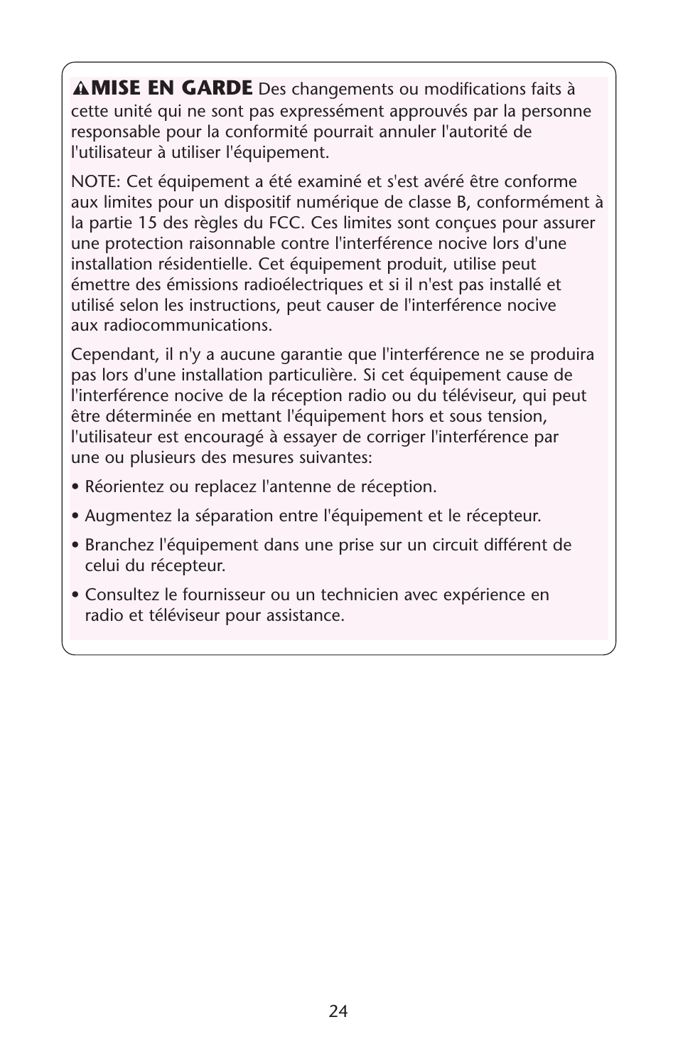 Mise en garde | Graco Lovin' Hug PD105033A User Manual | Page 24 / 44
