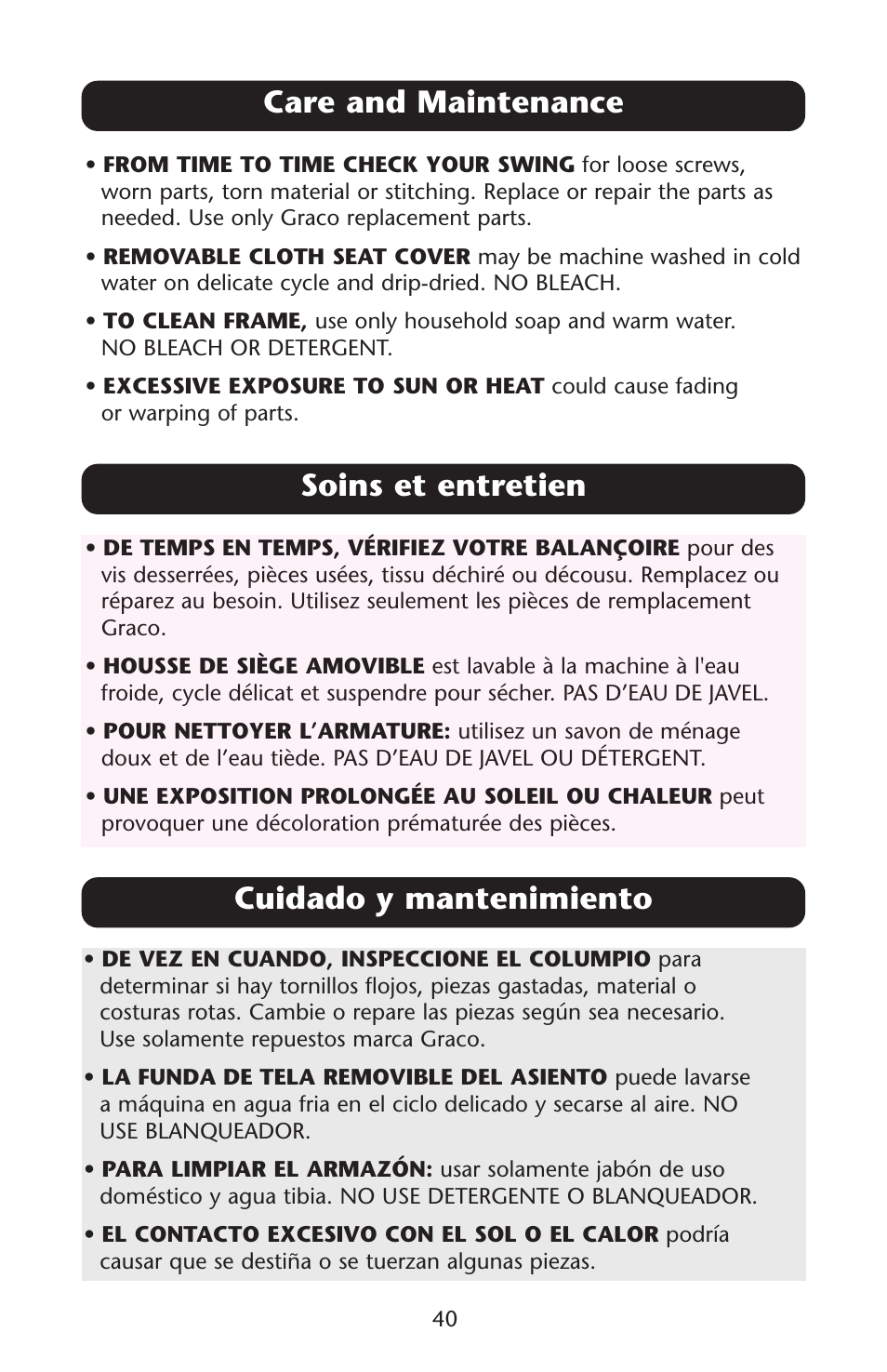 Care and maintenance, Soins et entretien, Cuidado y mantenimiento | Graco Lovin' Hug PD105033A User Manual | Page 40 / 44