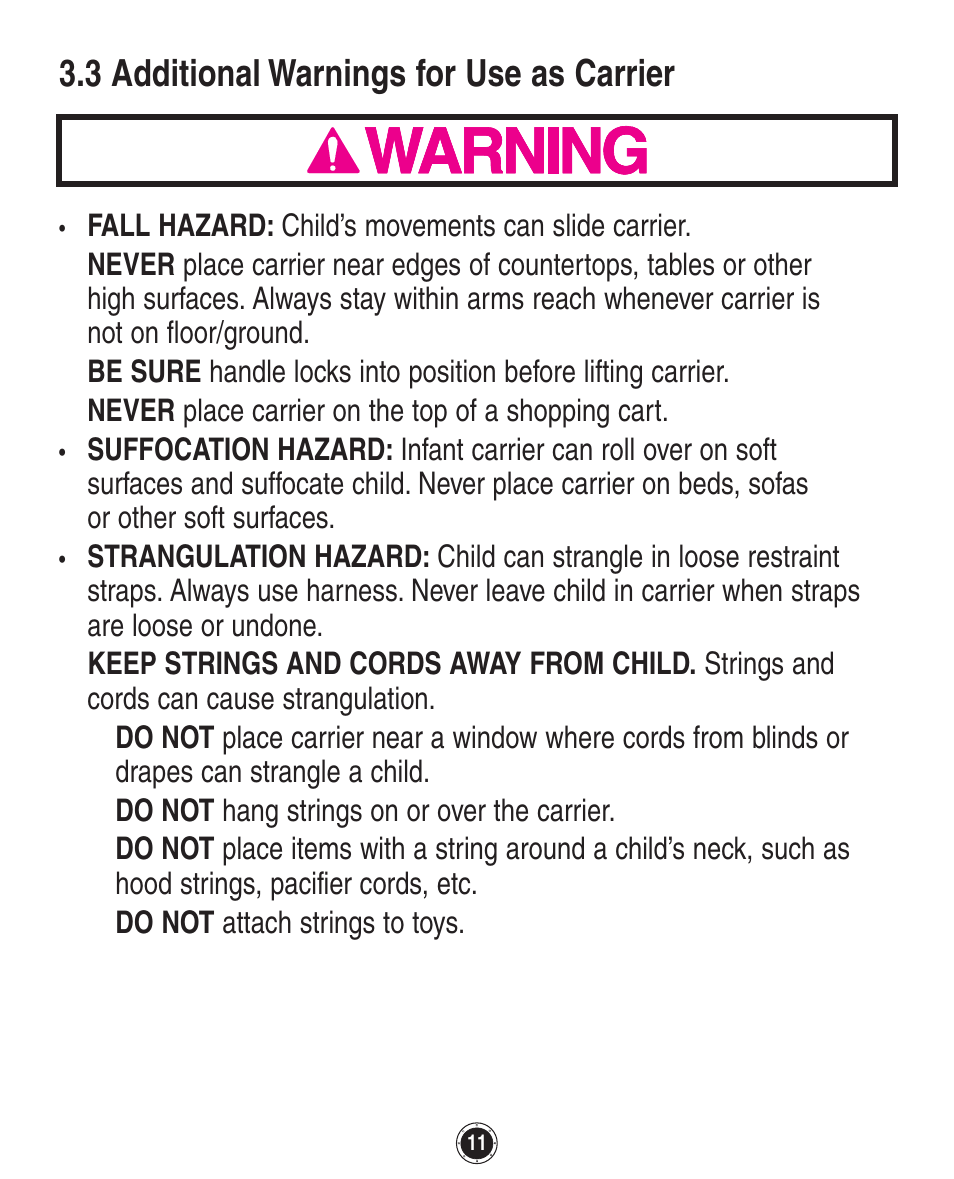 3 additional warnings for use as carrier | Graco SnugRide 1760658 User Manual | Page 11 / 88