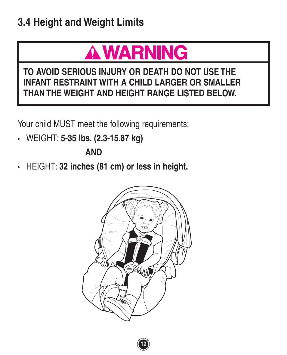 4 height and weight limits | Graco SnugRide 1760658 User Manual | Page 12 / 88