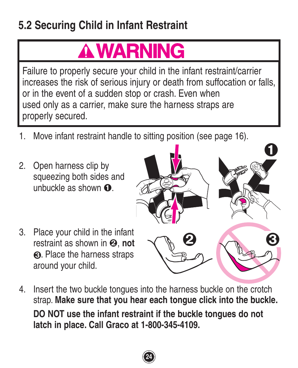 2 securing child in infant restraint | Graco SnugRide 1760658 User Manual | Page 24 / 88