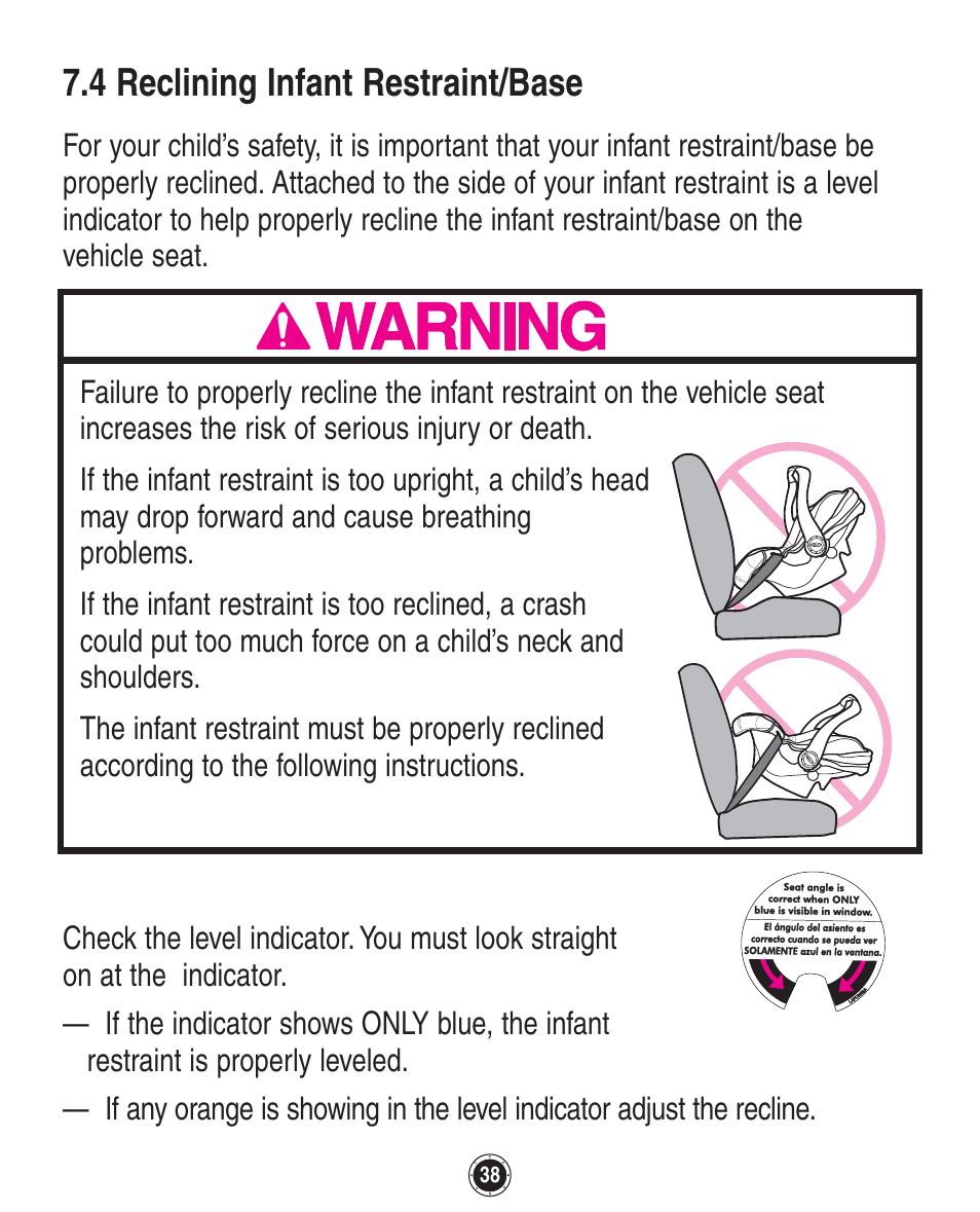 4 reclining infant restraint/base | Graco SnugRide 1760658 User Manual | Page 38 / 88