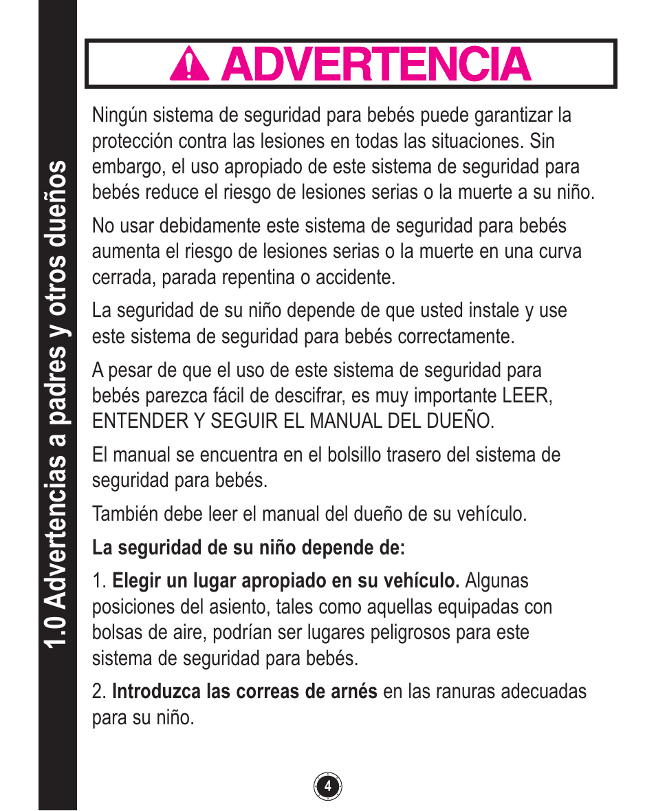 0 a dvertencias a p adres y otros dueños | Graco SnugRide 1760658 User Manual | Page 48 / 88