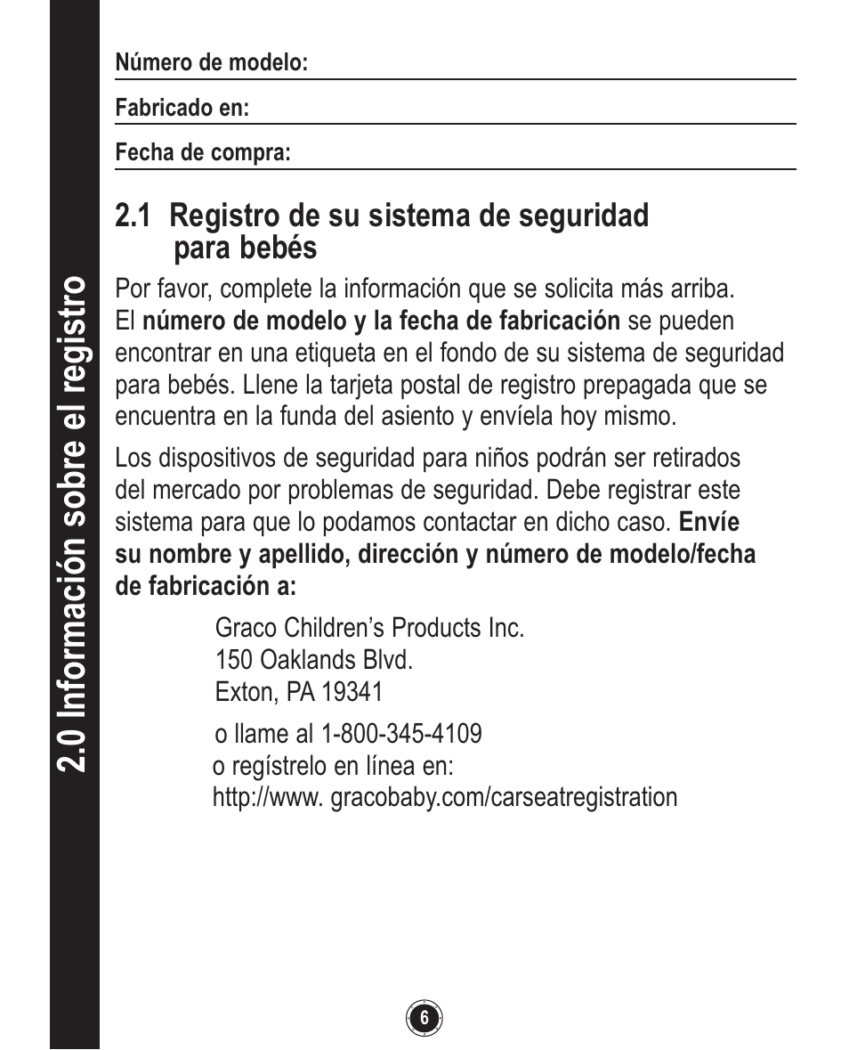 0 información sobre el registro | Graco SnugRide 1760658 User Manual | Page 50 / 88