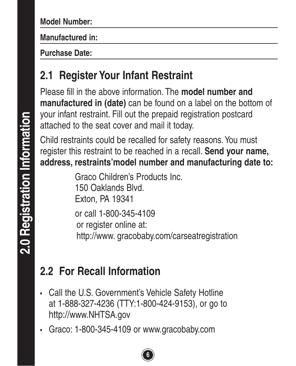 0 registration inf ormation, 1 register your infant restraint, 2 for recall information | Graco SnugRide 1760658 User Manual | Page 6 / 88