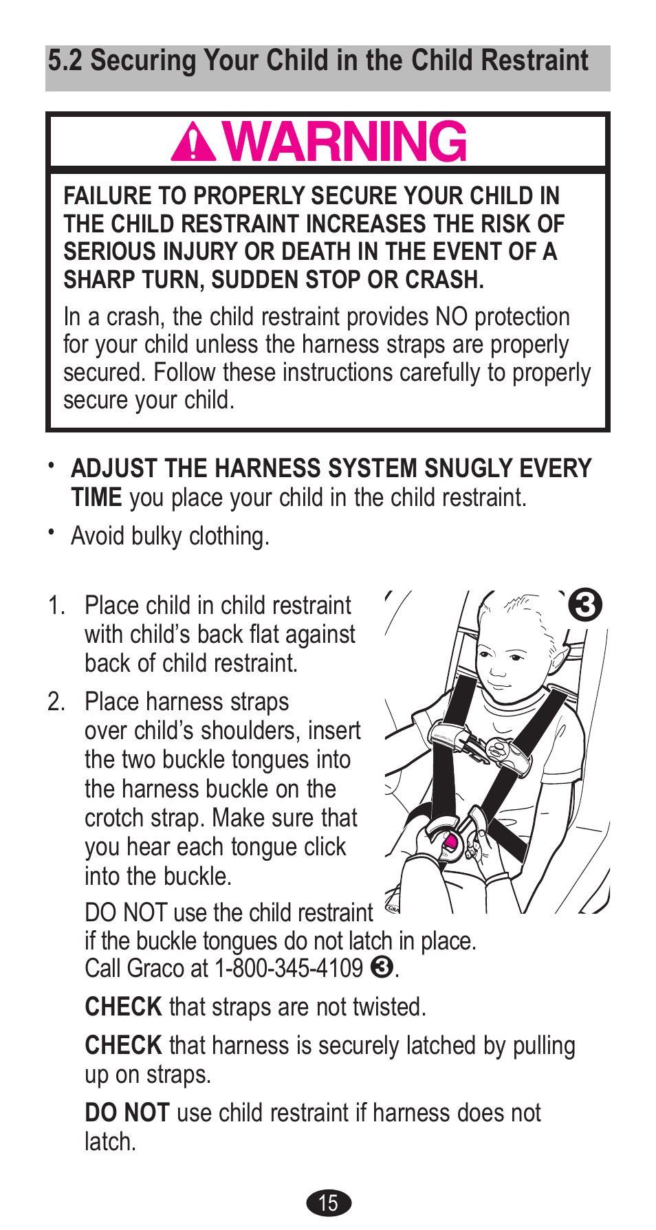2 securing your child in the child restraint | Graco Forward Facing Child Restraint User Manual | Page 15 / 76
