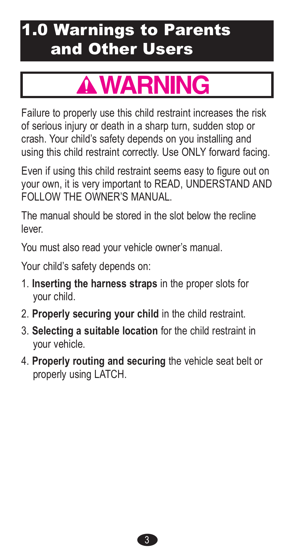 0 warnings to parents and other users | Graco Forward Facing Child Restraint User Manual | Page 3 / 76