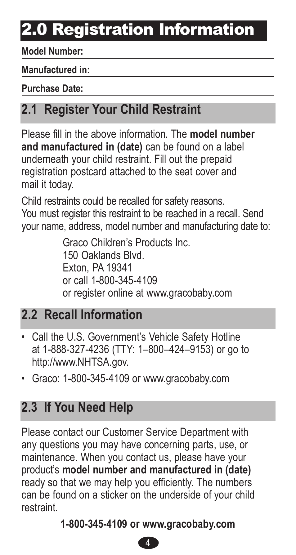 0 registration information, 2 recall information | Graco Forward Facing Child Restraint User Manual | Page 4 / 76