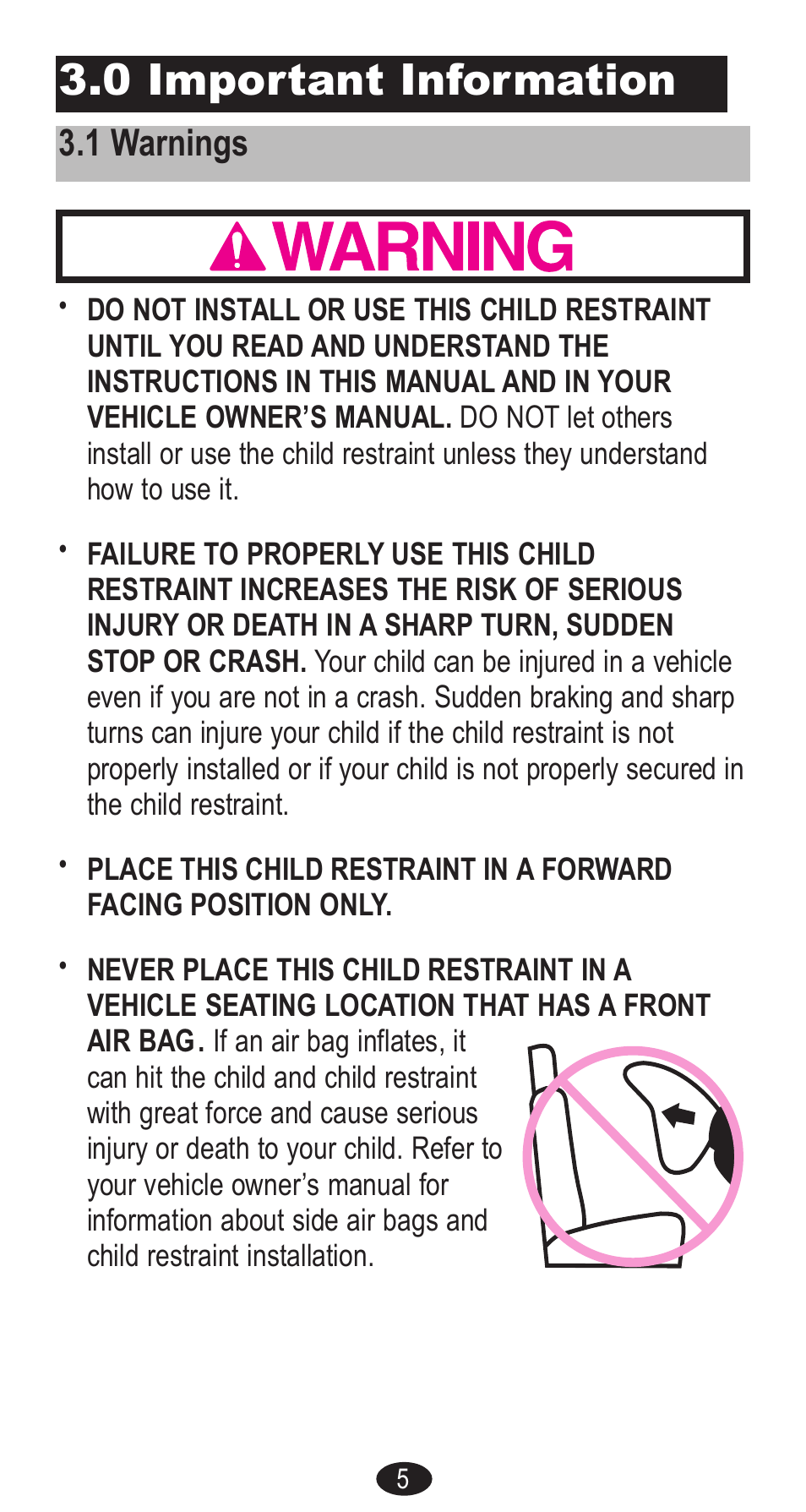 0 important information, 1 warnings | Graco Forward Facing Child Restraint User Manual | Page 5 / 76