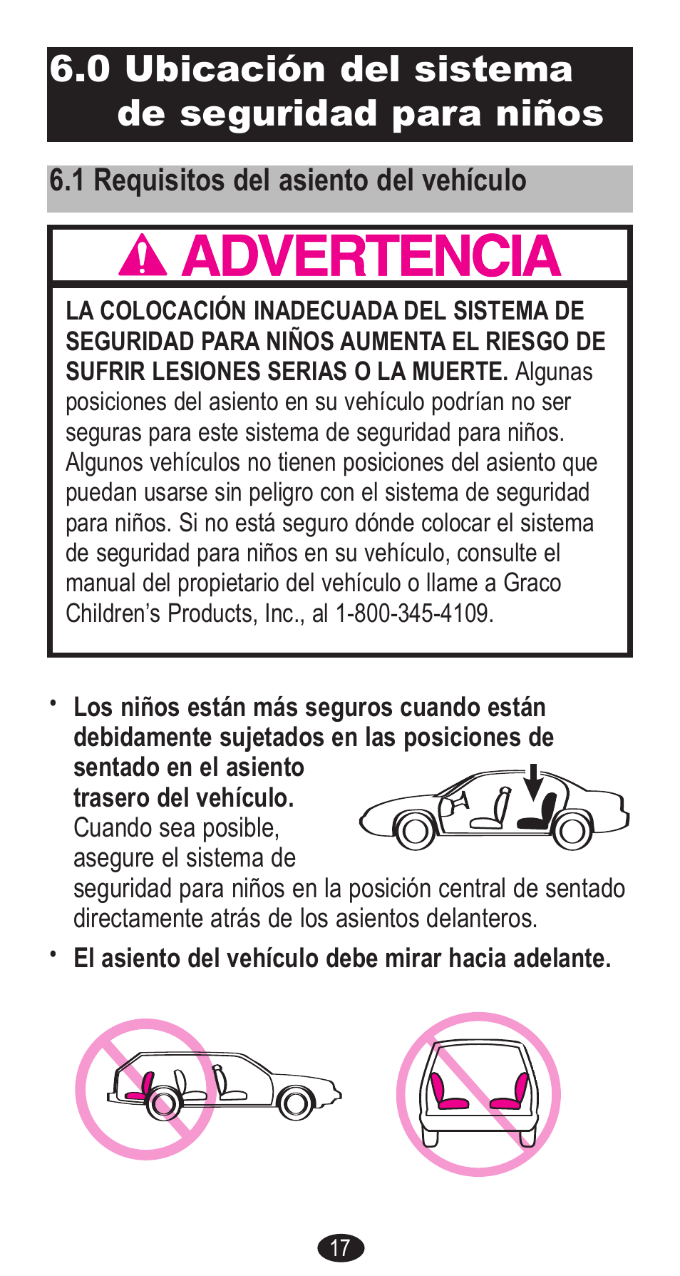 0 ubicación del sistema de seguridad para niños, 1 requisitos del asiento del vehículo | Graco Forward Facing Child Restraint User Manual | Page 55 / 76