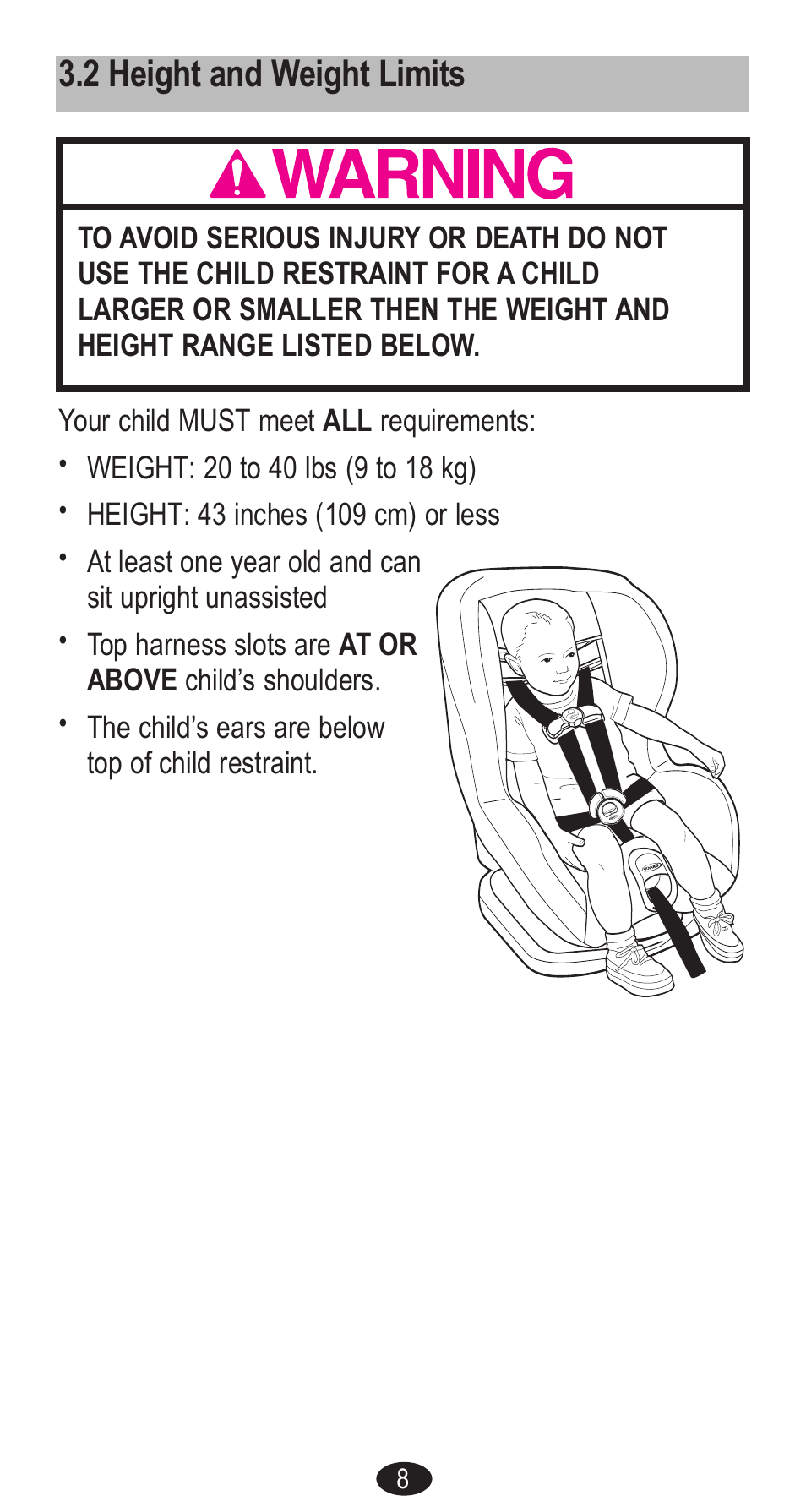 2 height and weight limits | Graco Forward Facing Child Restraint User Manual | Page 8 / 76