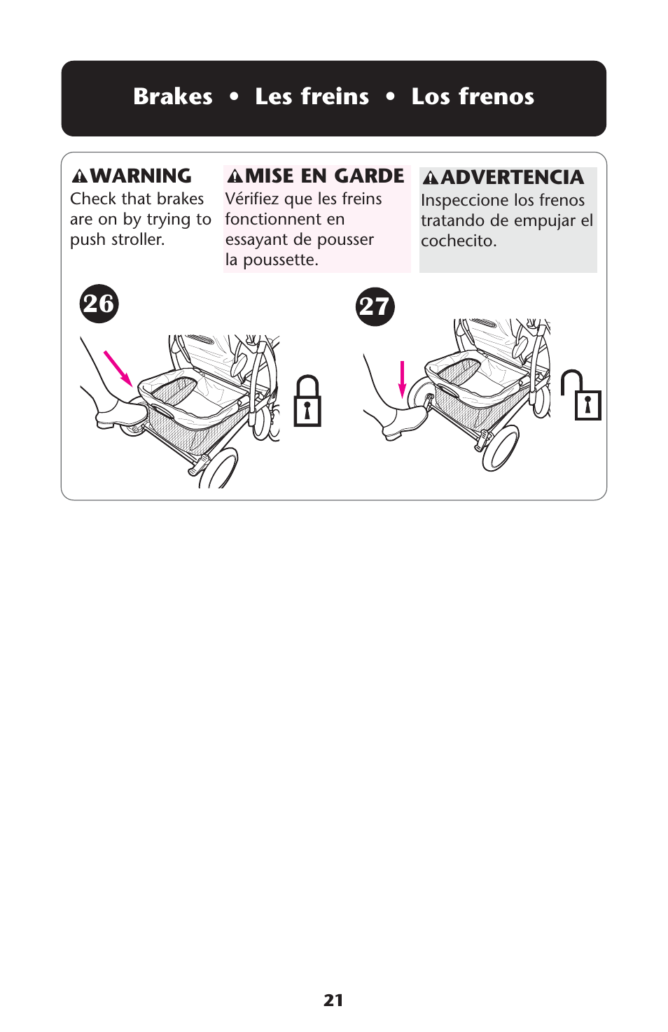 Brakes • les freins • los frenos | Graco Quattro Tour 1749531 User Manual | Page 21 / 128