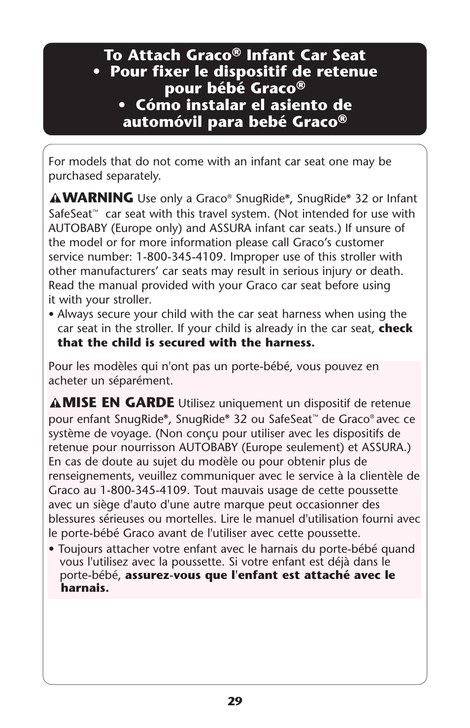 Mise en garde, Warning | Graco Quattro Tour 1749531 User Manual | Page 29 / 128