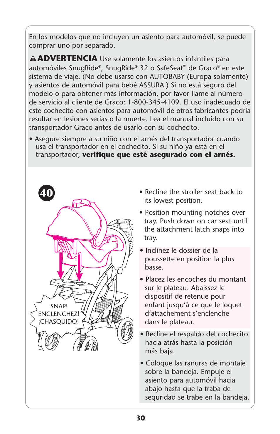 Advertencia | Graco Quattro Tour 1749531 User Manual | Page 30 / 128