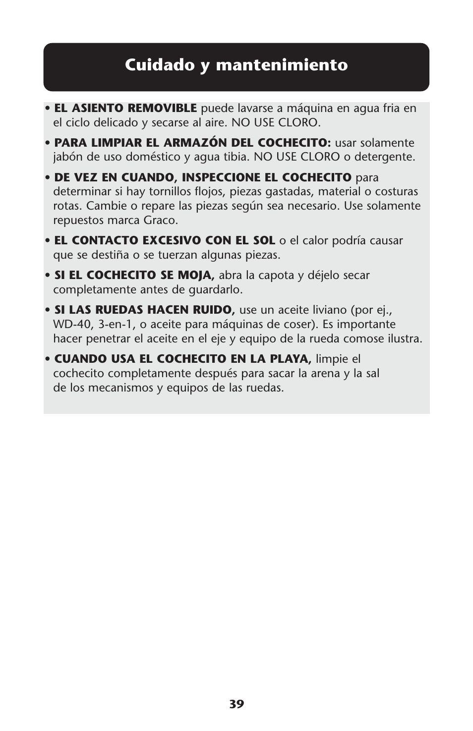 Cuidado y mantenimiento | Graco Quattro Tour 1749531 User Manual | Page 39 / 128