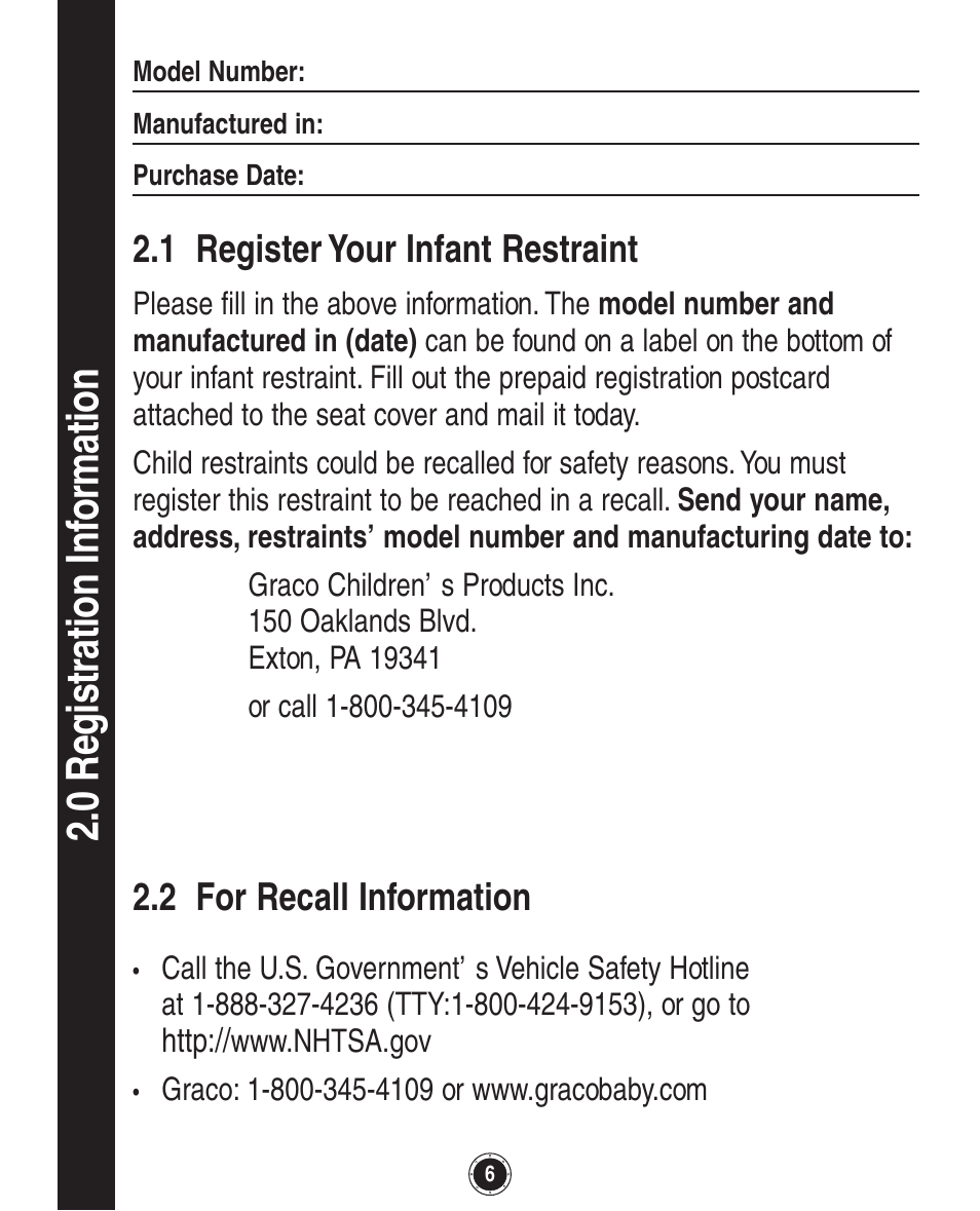 0 registration inf o rmation, 1 register your infant restraint, 2 for recall information | Graco Quattro Tour 1749531 User Manual | Page 46 / 128