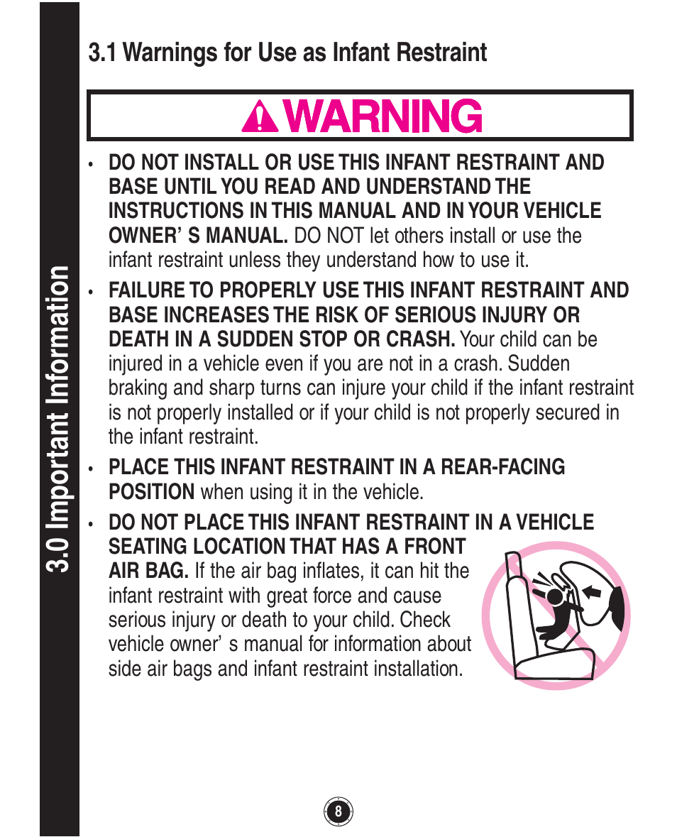 0 impor tant inf o rmation, 1 warnings for use as infant restraint | Graco Quattro Tour 1749531 User Manual | Page 48 / 128