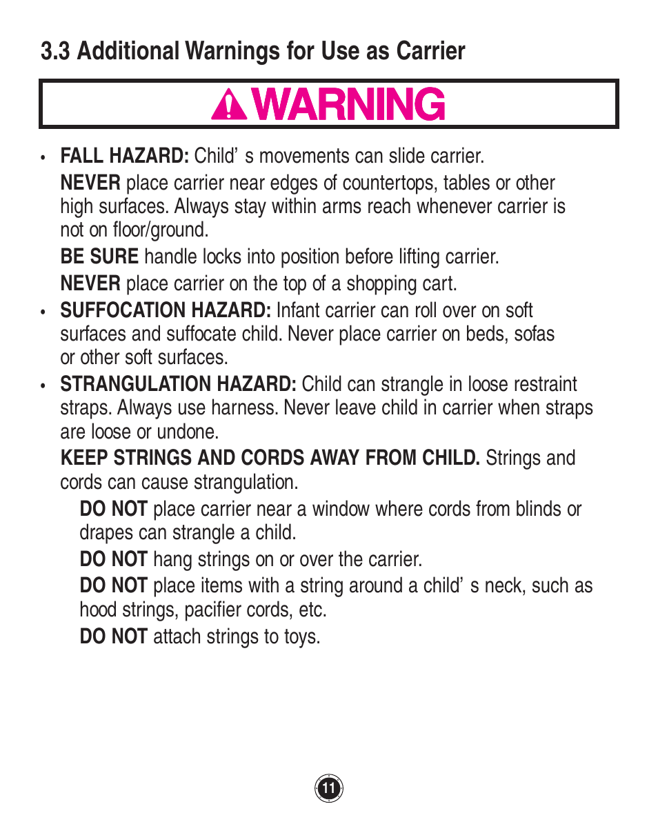 3 additional warnings for use as carrier | Graco Quattro Tour 1749531 User Manual | Page 51 / 128