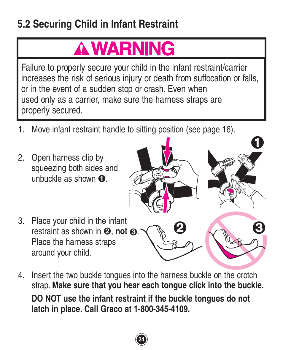 2 securing child in infant restraint | Graco Quattro Tour 1749531 User Manual | Page 64 / 128