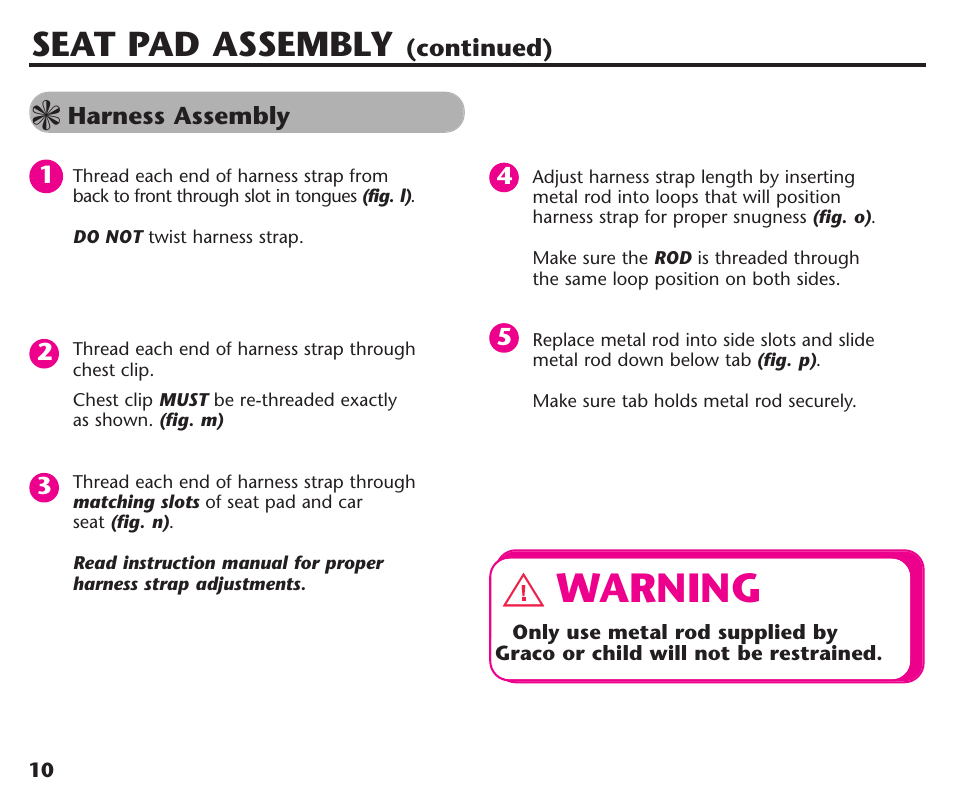 Warning, Seat pad assembly | Graco Assura ISPC116BA User Manual | Page 12 / 68