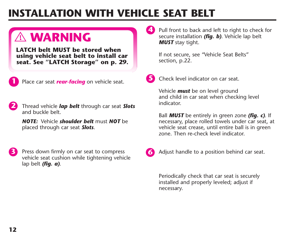 Warning, Installation with vehicle seat belt | Graco Assura ISPC116BA User Manual | Page 14 / 68