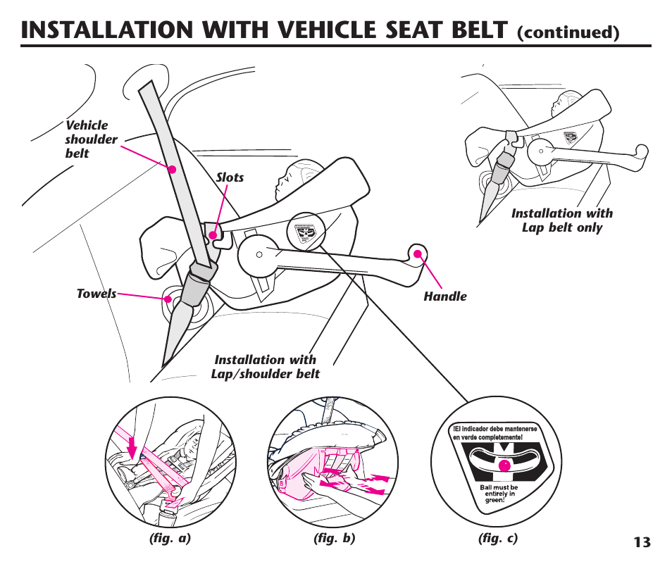 Installation with vehicle seat belt, Continued), Fig. a) (fig. b) (fig. c) towels slots | Vehicle shoulder belt handle | Graco Assura ISPC116BA User Manual | Page 15 / 68