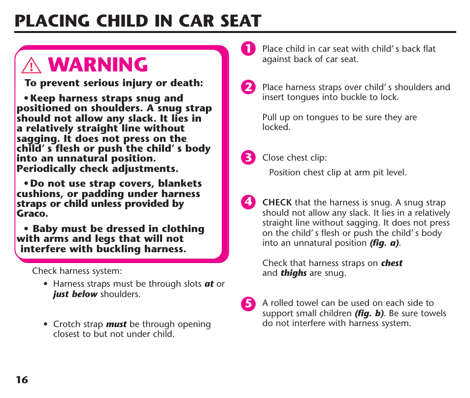 Warning, Placing child in car seat | Graco Assura ISPC116BA User Manual | Page 18 / 68