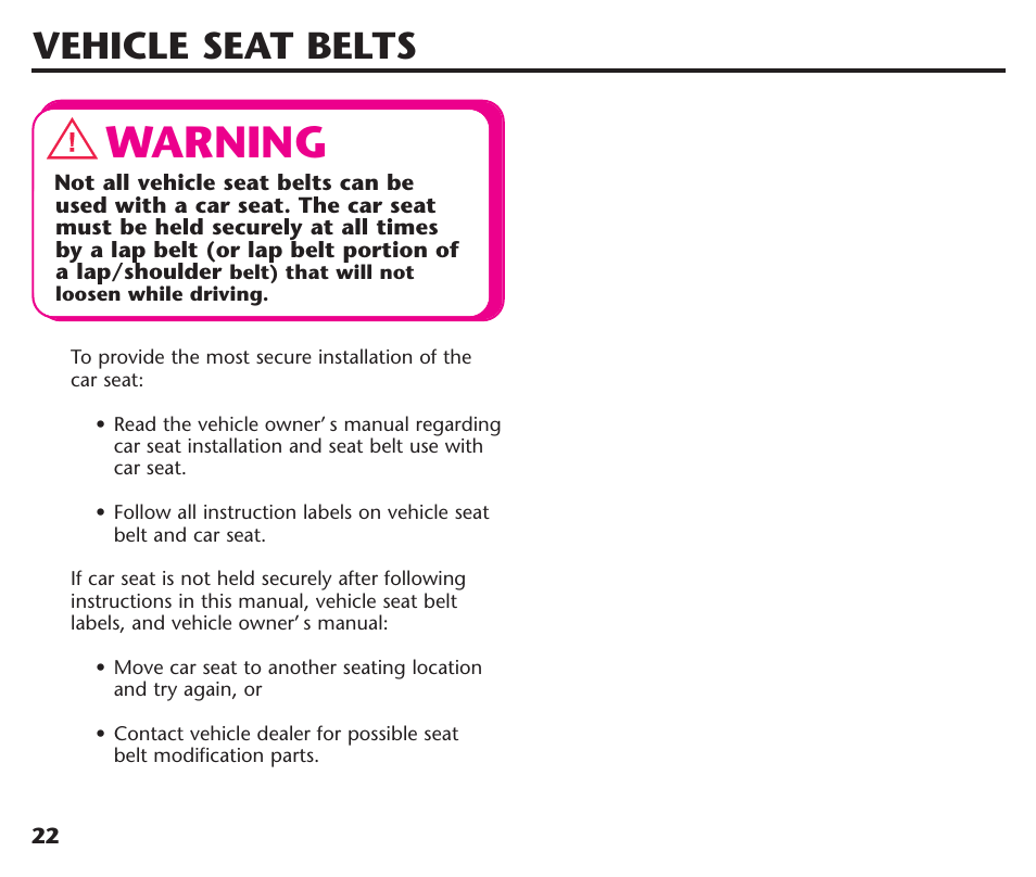 Warning, Vehicle seat belts | Graco Assura ISPC116BA User Manual | Page 24 / 68