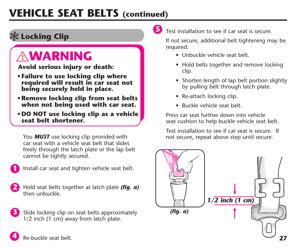 Warning, Vehicle seat belts | Graco Assura ISPC116BA User Manual | Page 29 / 68