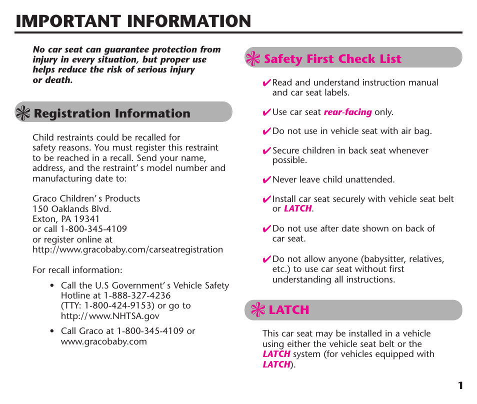 Important information, Registration information, Safety first check list | Latch | Graco Assura ISPC116BA User Manual | Page 3 / 68